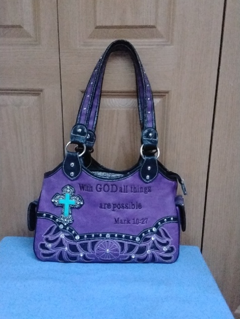 Purple Faith Cross Embroidered Shoulder Bag